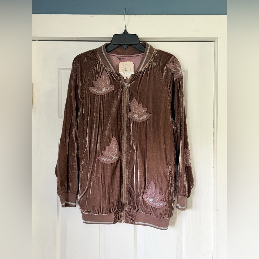 Anthropologie Hei Hei West End Velvet Bird Embroidered Long Bomber Jacket XS